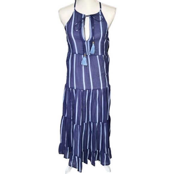 Oliphant Tiered Striped Tassel Tie Neck Maxi Dress Blue Size XS - Picture 2 of 12